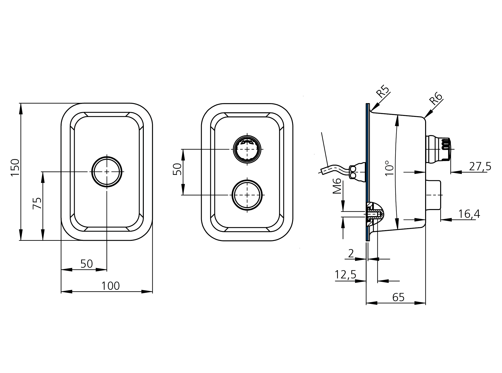 Technische Zeichnung des Tastengehäuses TG5.HD Technische Zeichnung mit Vorder- und Seitenansicht des Tastergehäuses TG5.HD mit detaillierten Maßen in Millimetern und einem 10 Grad Neigungswinkel.